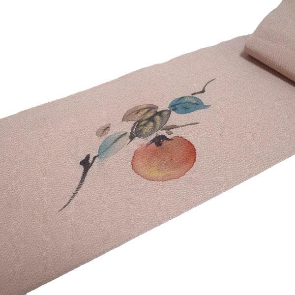 名古屋帯 九寸 手描き ちりめん 縮緬 くすみピンク 柿 絹 中古 kp2272