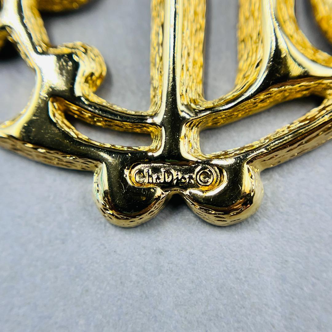 Dior ディオール 旧ロゴ エンブレム ラインストーン ブローチ ゴールド