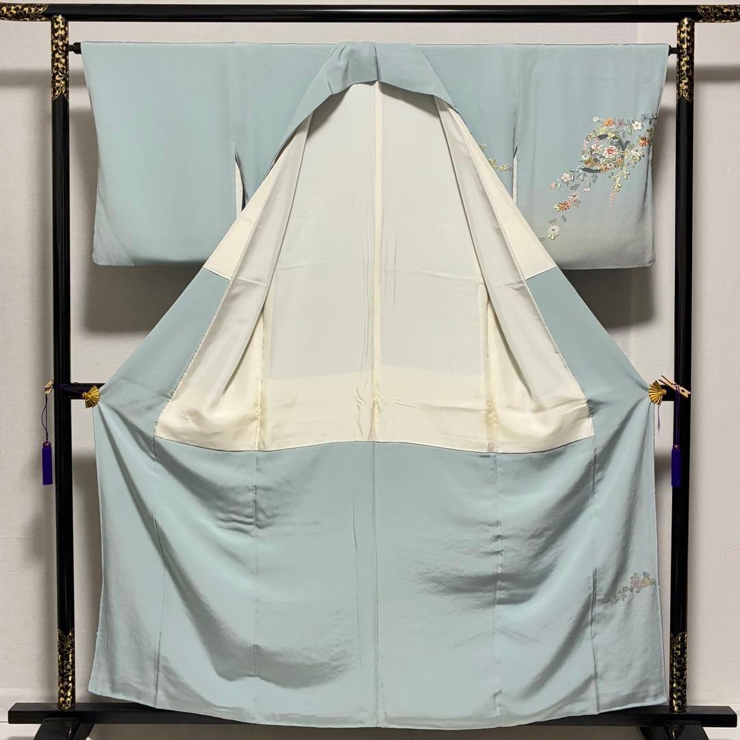 D193 訪問着　汕頭・蘇州刺繍　総刺繍　花模様　正絹　着物　袷