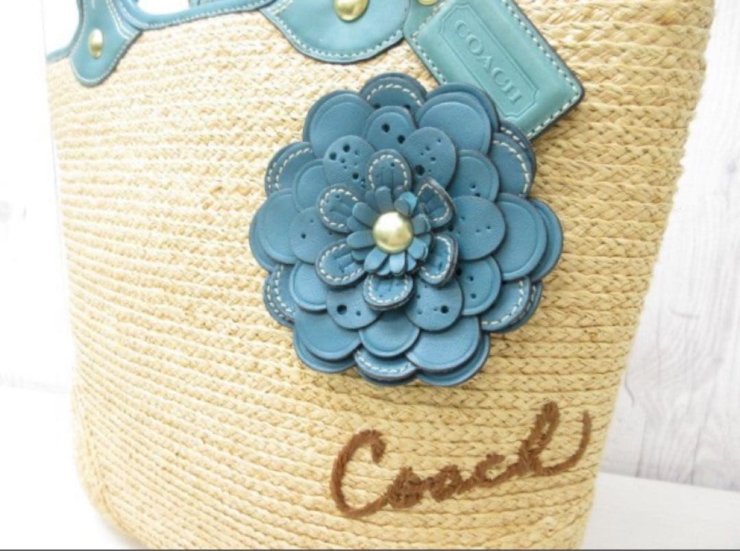 美品☆コーチ　かごバッグ　トートバッグ　レディース　レザー　ターコイズ