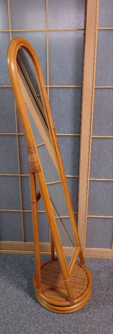 ラタンフレーム 回転式 スタンドミラー 姿見鏡 全身鏡 回転鏡 回転ミラー