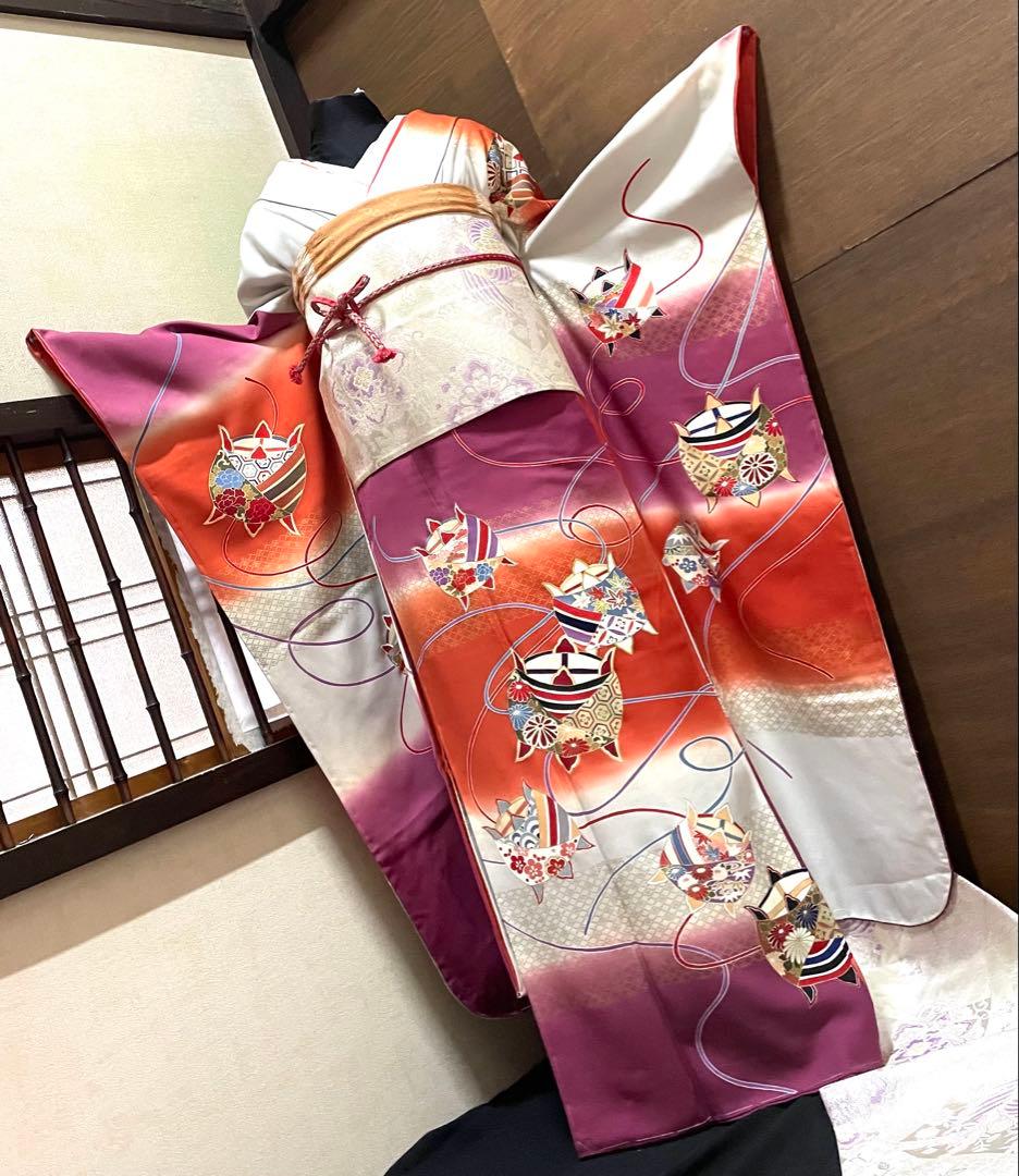 振袖フルセット6点サイズＬ糸巻文　暈し染め　金彩　正絹