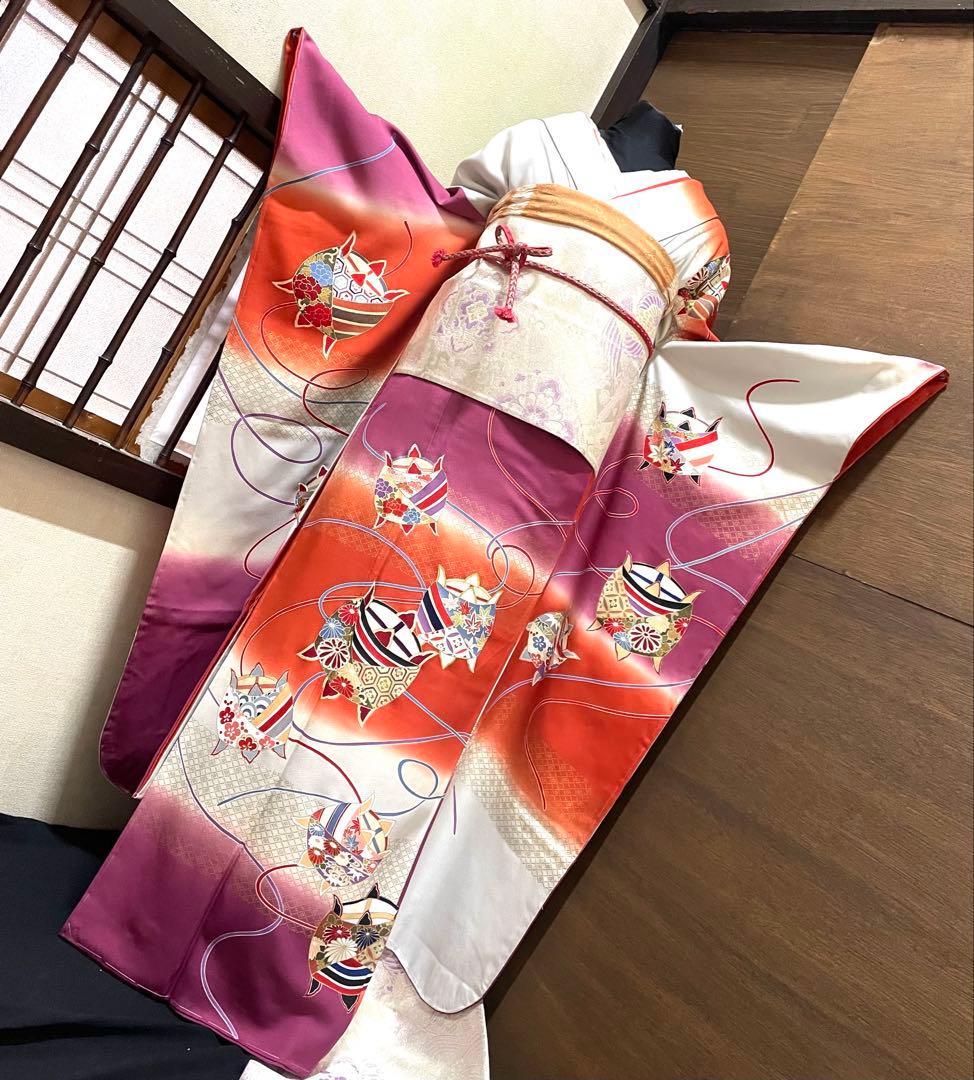 振袖フルセット6点サイズＬ糸巻文　暈し染め　金彩　正絹