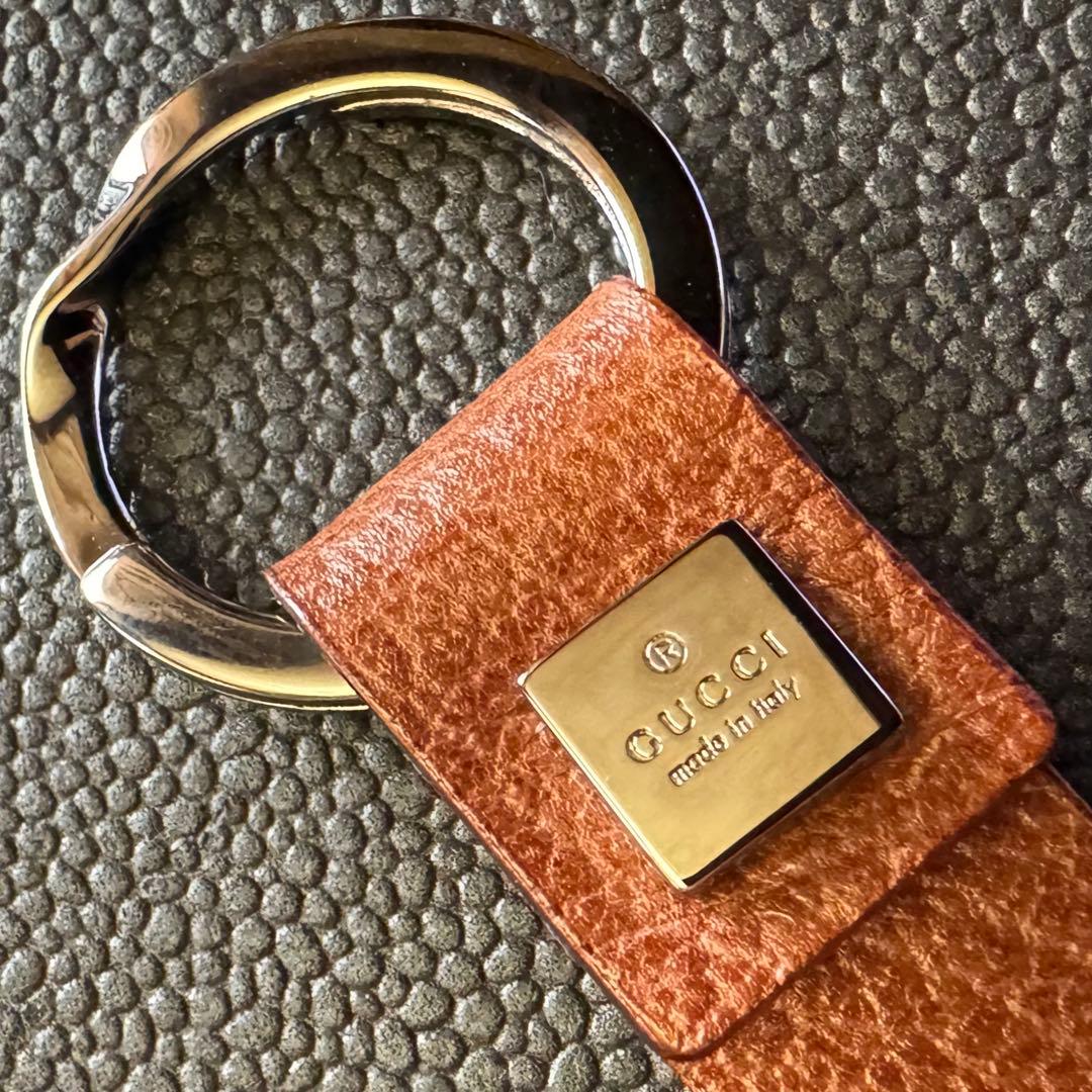 GUCCI ダークブラウンレザー&ガンメタシルバー キーリング キーホルダー極美