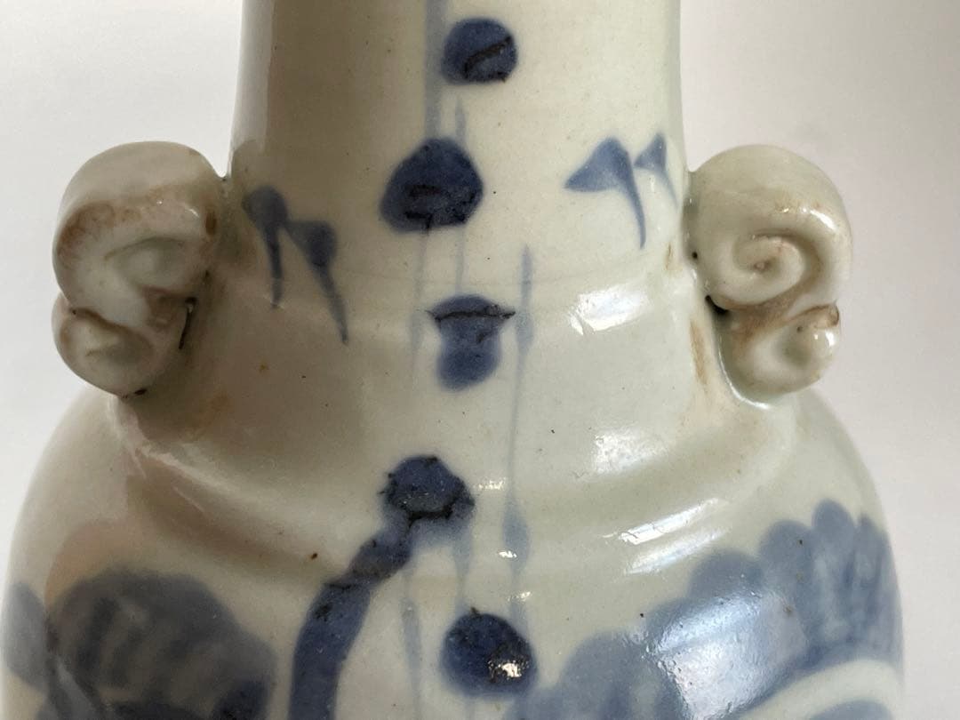 骨董　アンティーク　古伊万里　染付　双耳花入　仏花器　縁キズ　初期伊万里