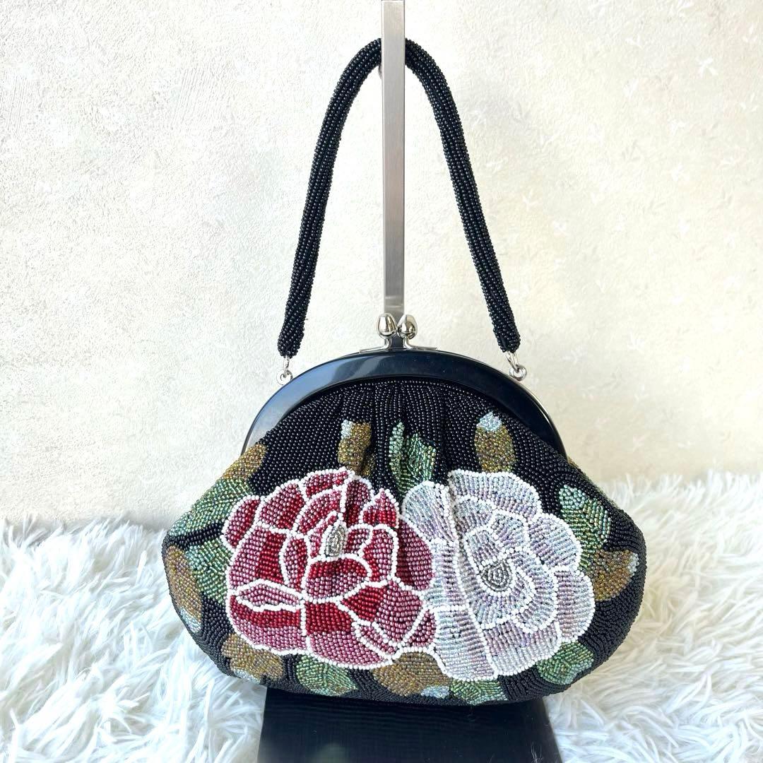 ビーズバッグ　和装バッグ　和装小物　花柄　美品　がま口
