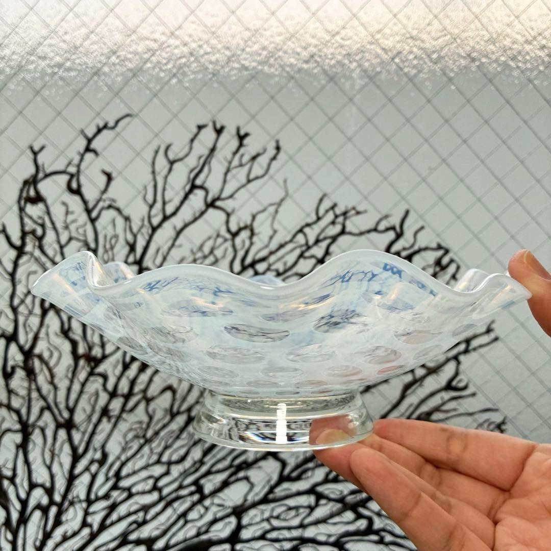 骨董　時代ガラス　フリル　水玉紋　乳白色　オパールセント 氷皿　プレート１客