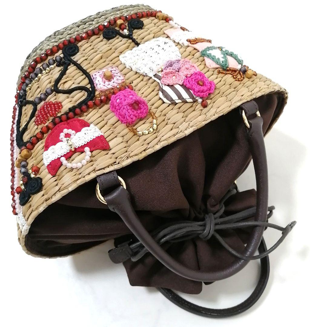 極美品✨ アルファジル　かごバッグ　ビーズ　ハンドバッグ　巾着　茶