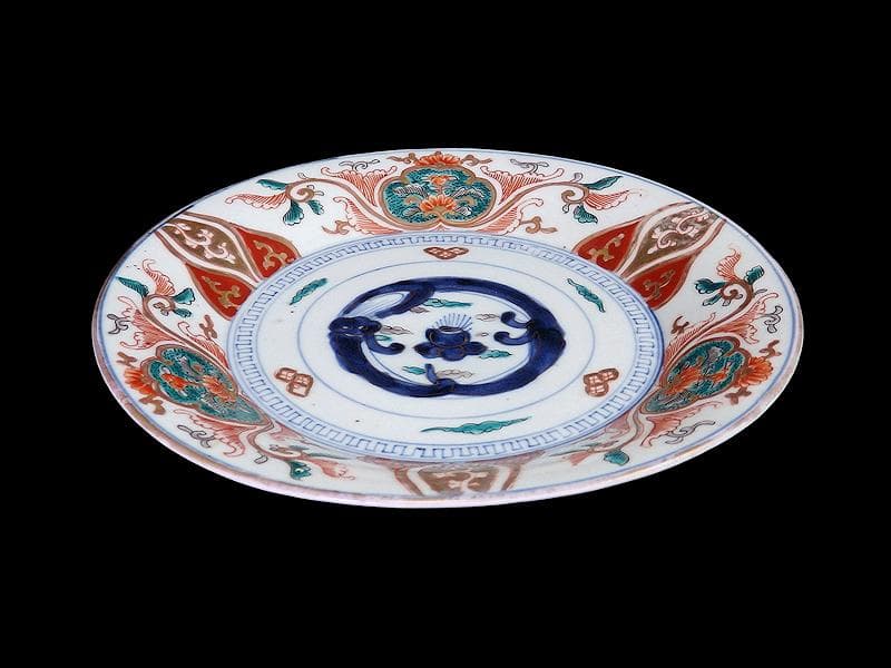 古伊万里　色絵　団龍紋に宝珠　花の図　７寸皿　３枚　珍品　C544AS-DBr