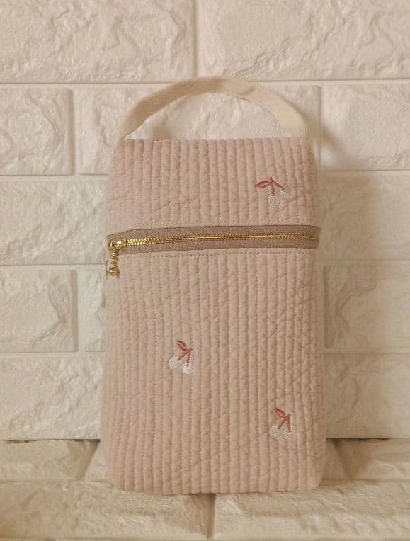 ヌビ バッグ ポーチ 底板 ハンドメイド ベージュピンク×チェリー