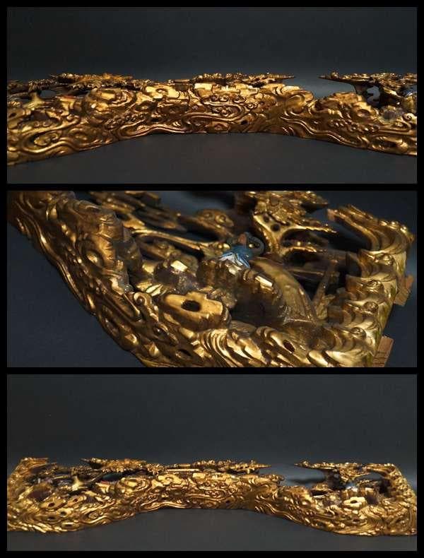 江戸末期一刀彫り高浮彫『人物風景図』 木造彩漆金箔張る 弓欄間 欄間飾り仏教美術