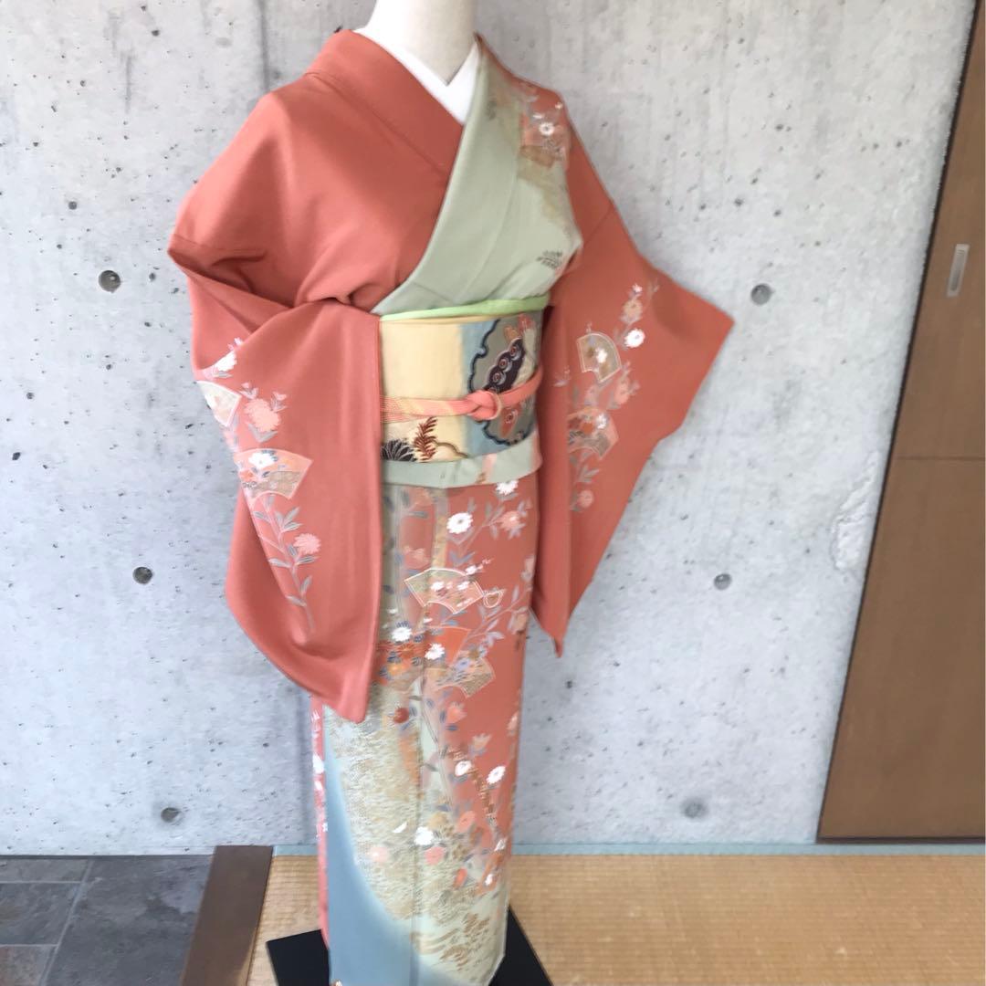【染め分け】正絹　訪問着　扇に花橘　金箔　袷