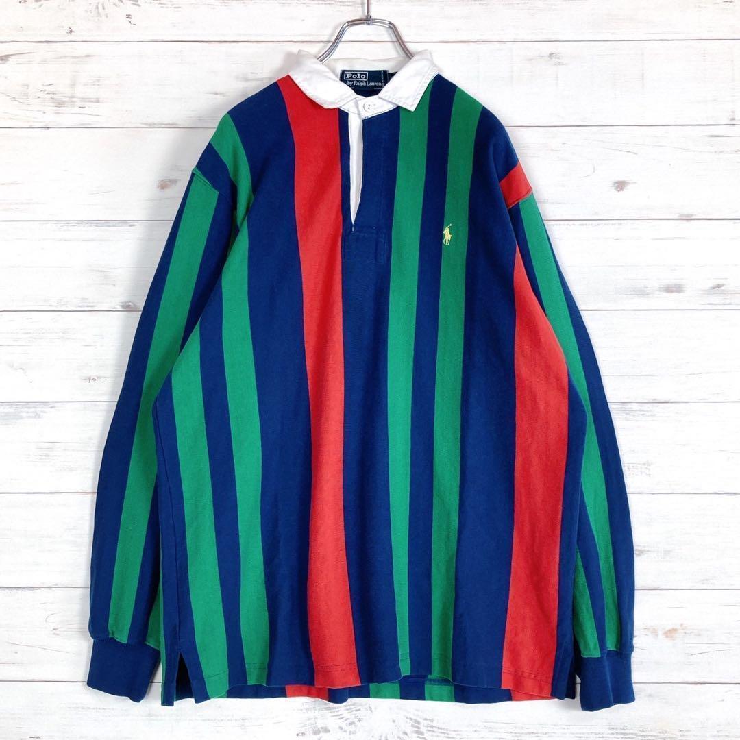 《美品》ポロバイラルフローレン☆M☆ラガーシャツ☆刺繍☆マルチストライプ☆M