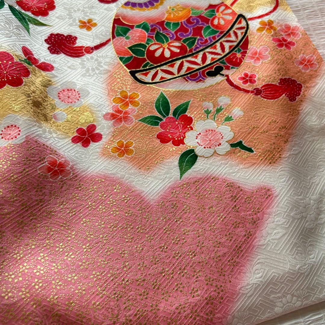 七五三 3歳 被布 着物 絹 三歳 白 ピンク 草履 753 巾着 女の子