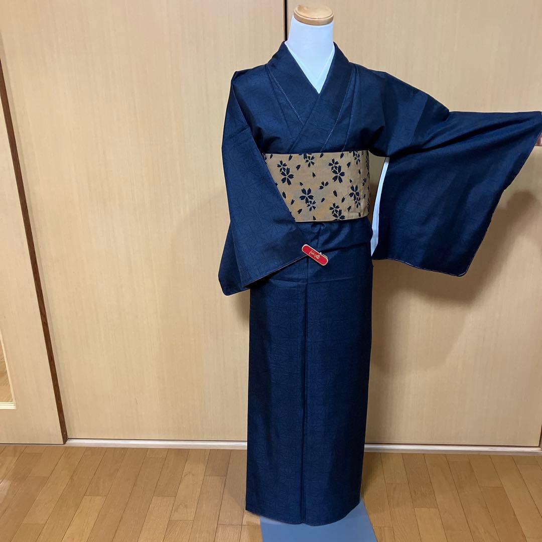 大島紬 ASアンサンブル 着物と道中着セット 藍色大島 麻の葉模様