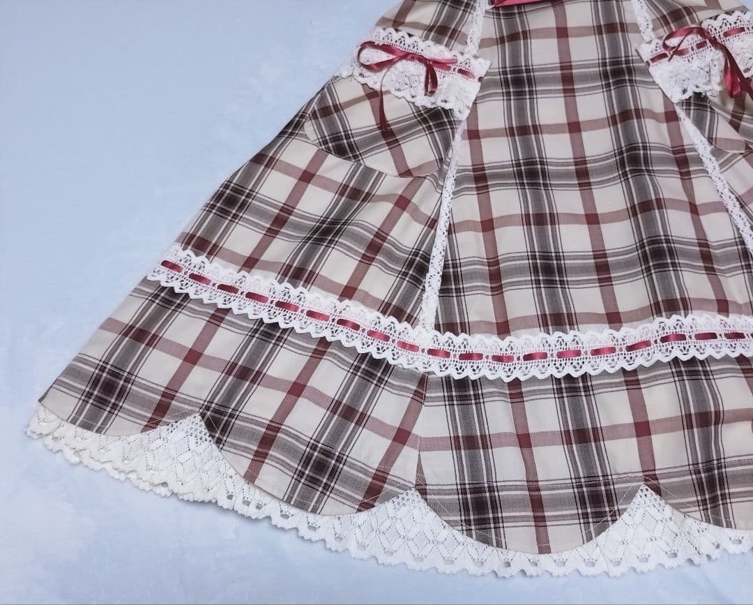 裾スカラップタータンチェックジャンパースカート 生成×エンジ
