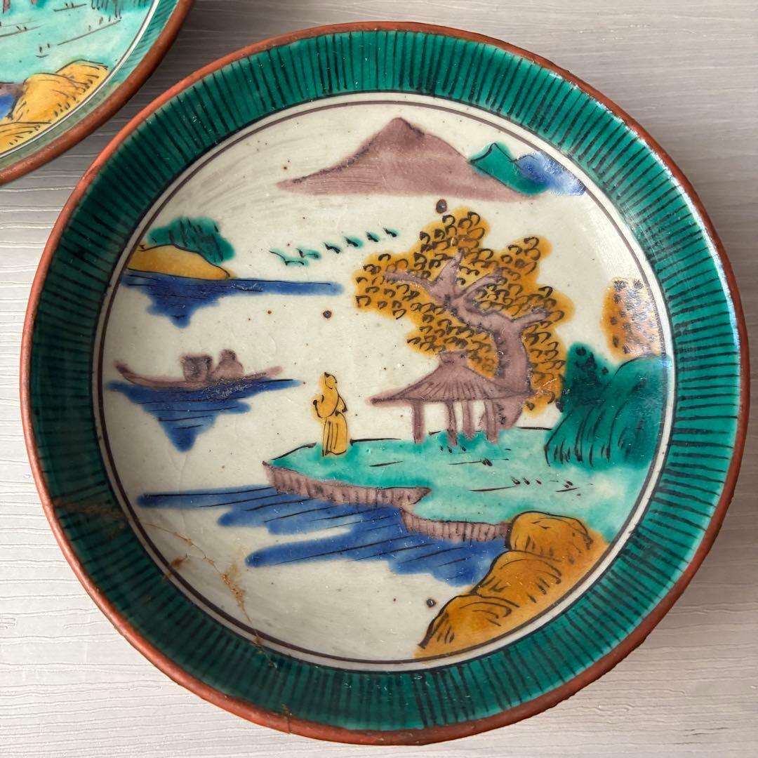 【1枚訳あり】九谷焼　吉田屋窯　小皿　角福　山水　青手　年代物　共箱　和食器