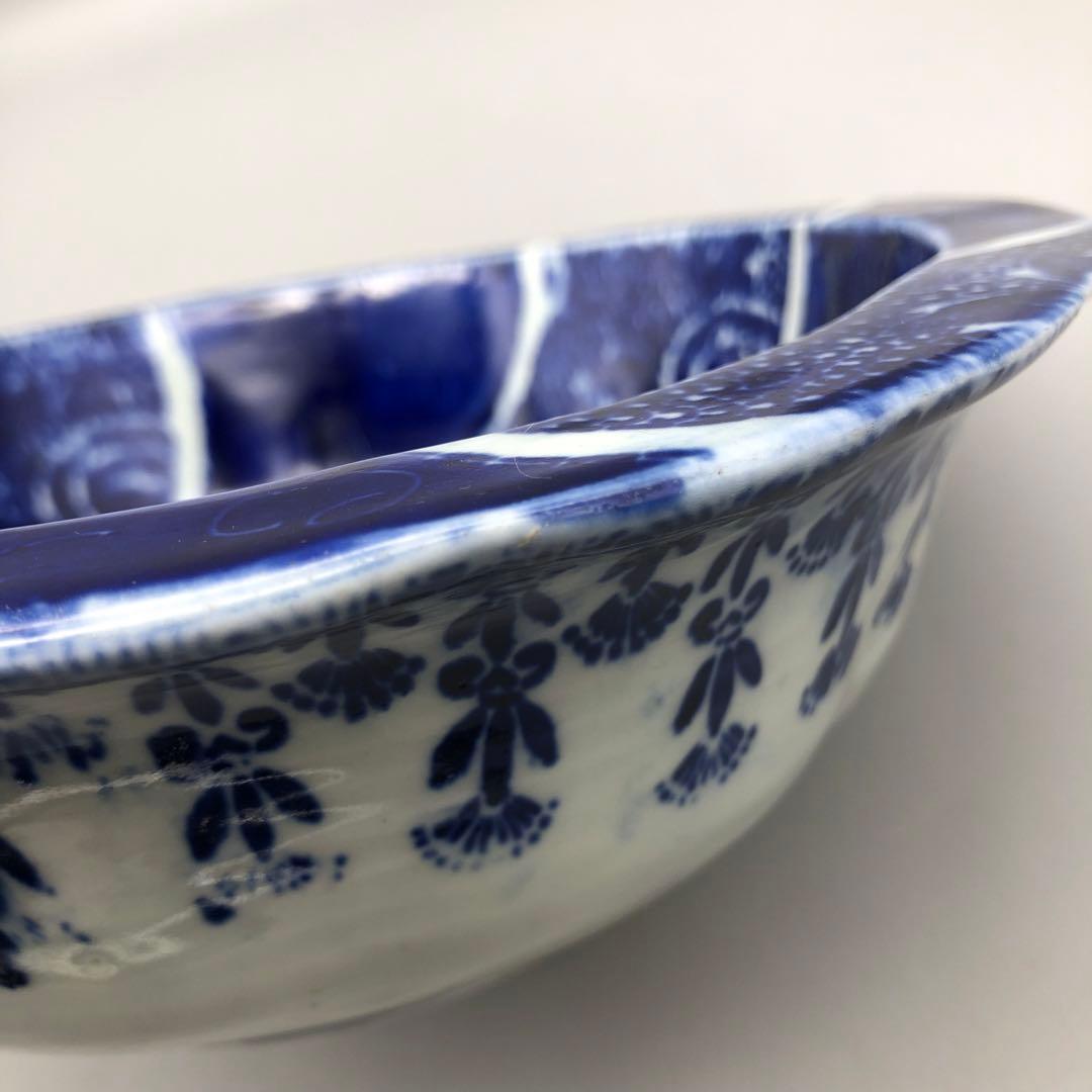 明治時代古伊万里渦巻き花微塵唐草文様ベロ藍印判手鉢ボウル26cm伊万里焼骨董品