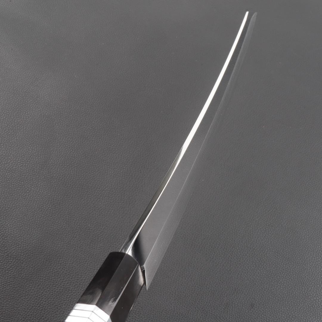 11070鬼反り先丸包丁尺二鏡面仕上げ刺身包丁刃は究極の切れ味黒檀五本銀巻八角柄