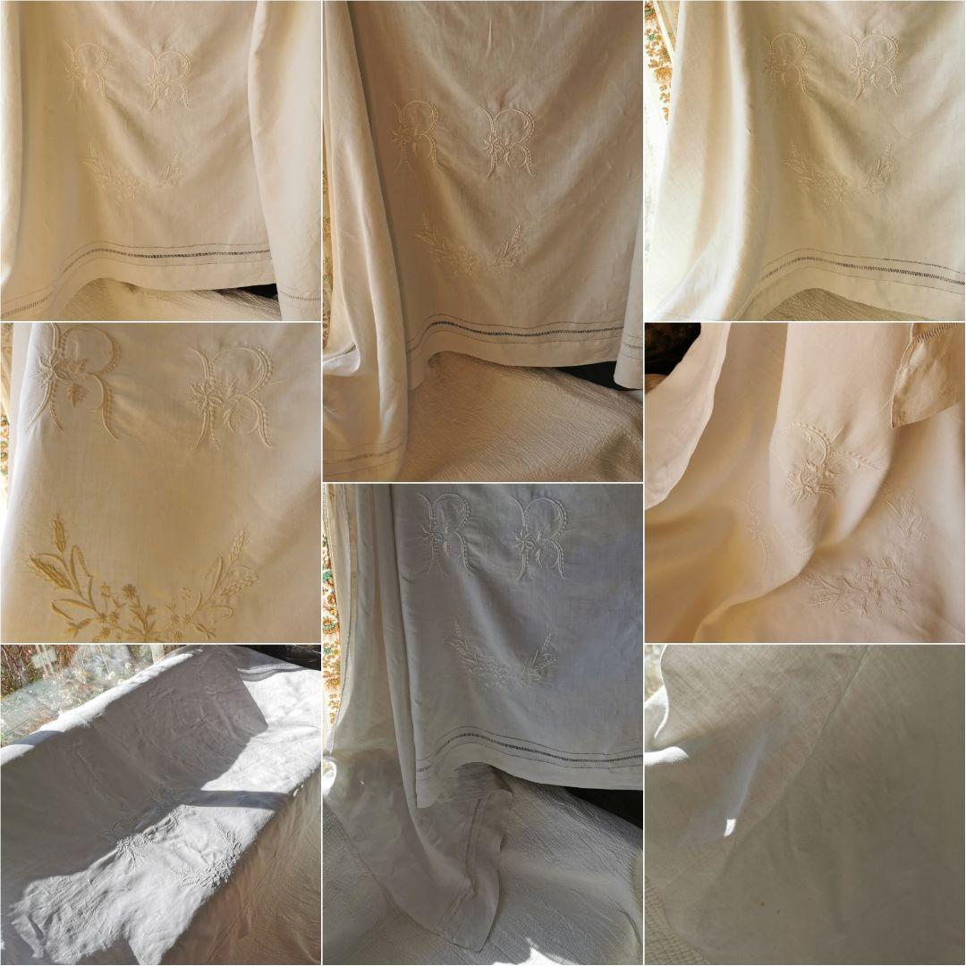 アンティークフランス 美しい花文字 イニシャル刺繍 ドローンワーク横長麻カーテン