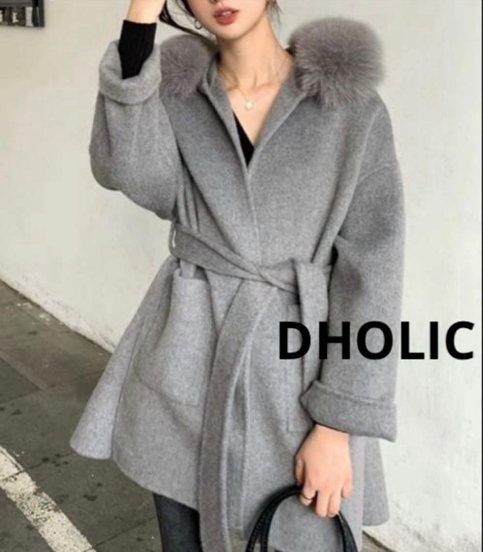 ストラップ&ファー付ウールフードハーフコート グレー