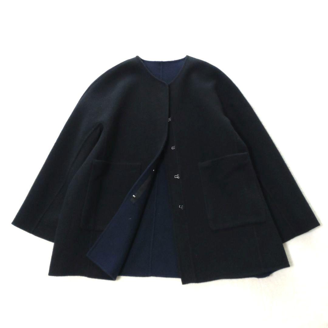 マーレンダム　ハーフリバーコート　ノーカラー　ウール　ボアポケット　黒　40