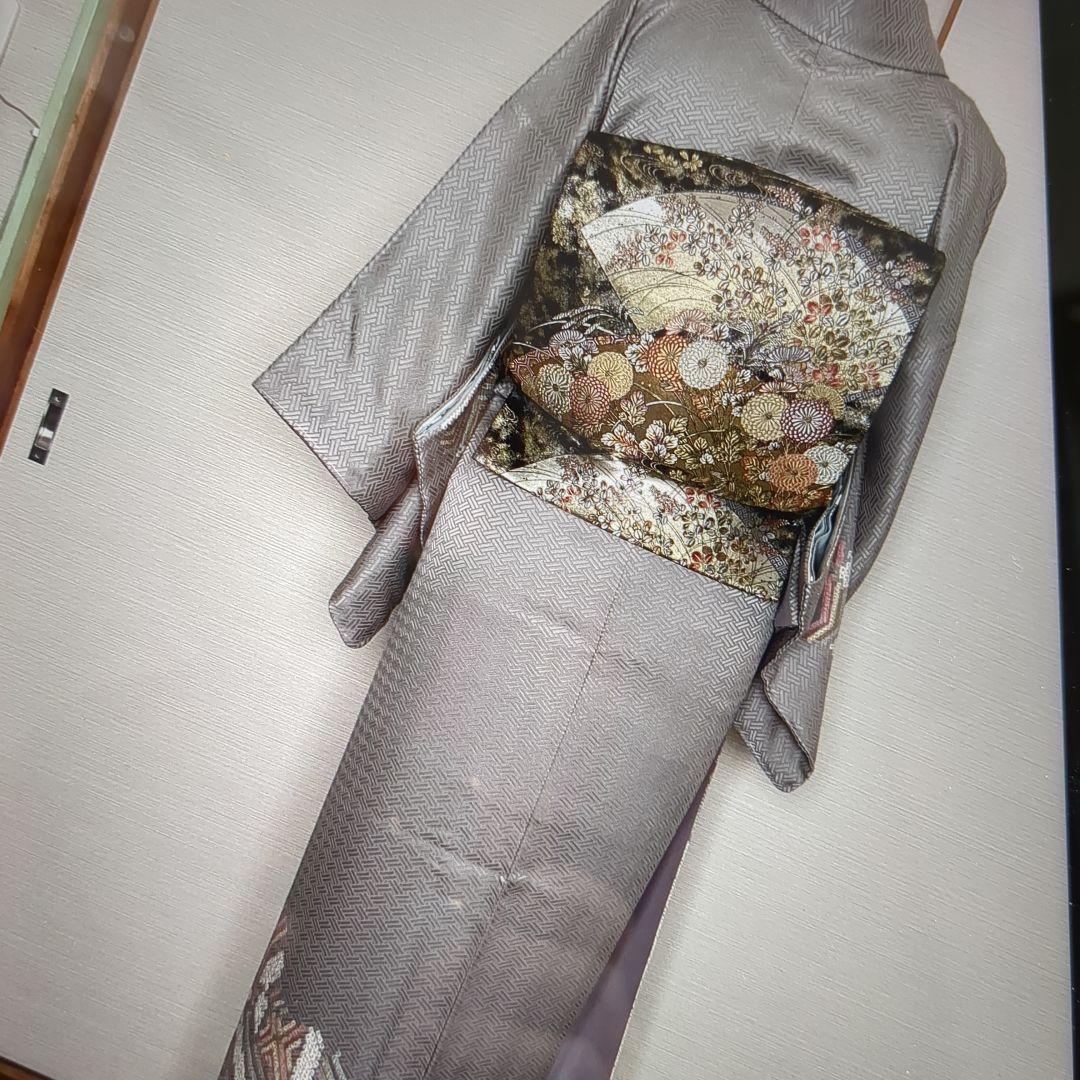 訪問着 身丈167cm 裄丈65.5cm M 袷 菱 幾何学 絞り金彩灰色正絹
