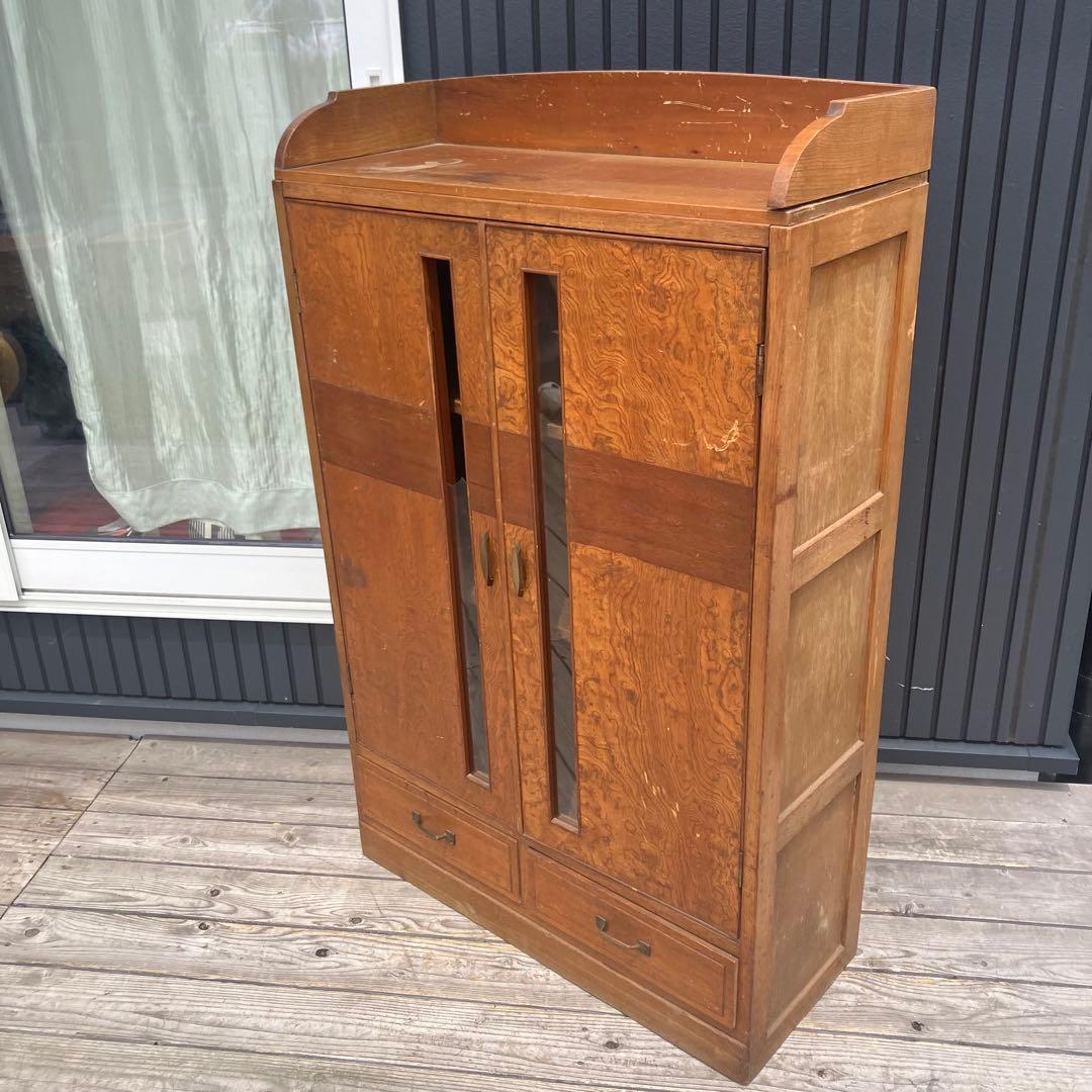 昭和レトロ 古家具 飾りガラス戸 木製キャビネット 食器棚 飾り棚 サイドボード