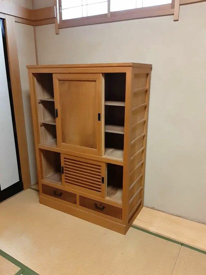 木製 引き戸式 収納キャビネット 高級板材使用 レトロ 直接引取り　輸送可能