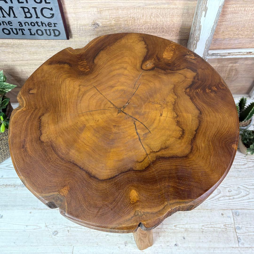 オールドチーク天然無垢材木製創作極太サイドテーブル L（直径54㎝）ウッド飾り台