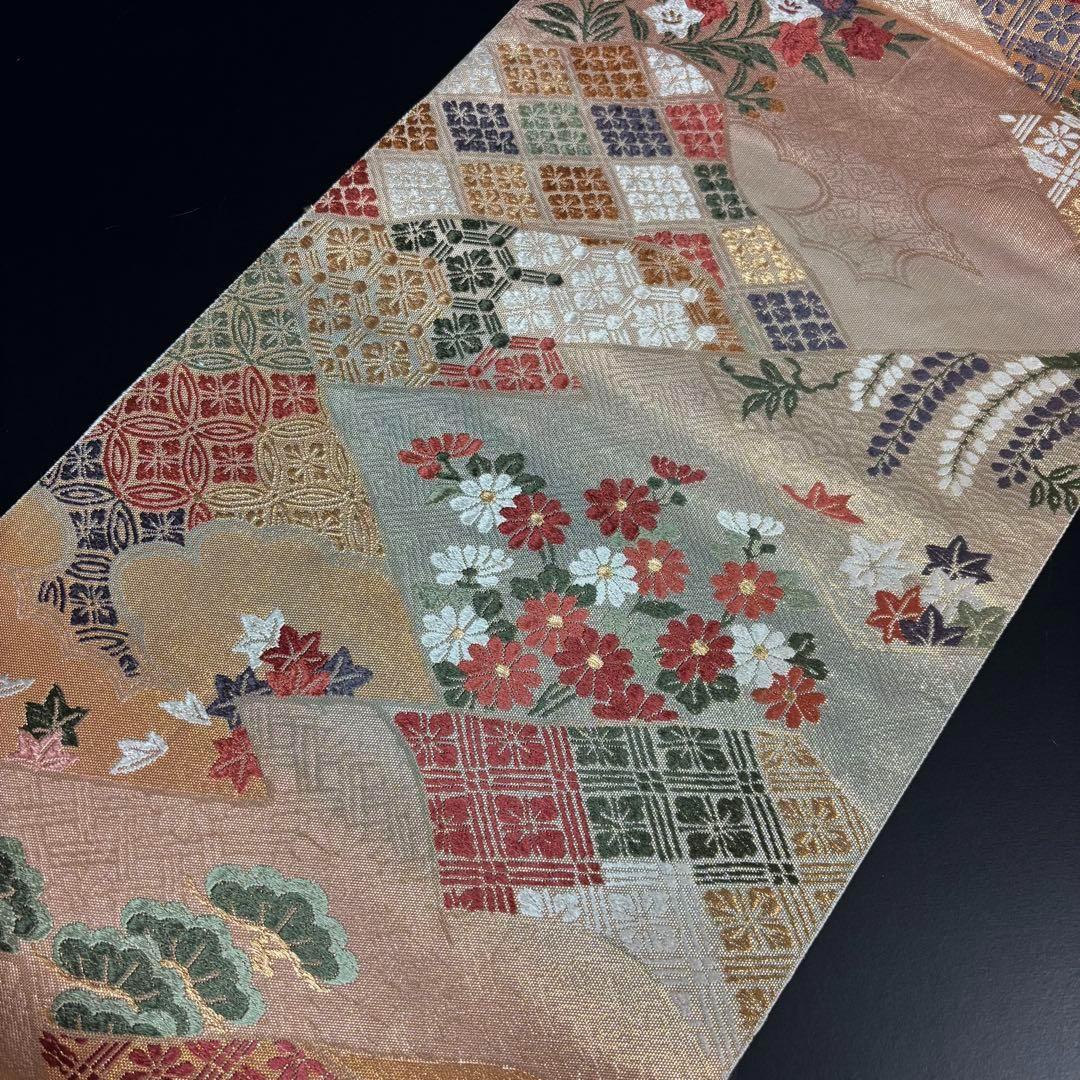 YU-034 袋帯 西陣織 藤 菊 楓 六通 正絹 名品 高級