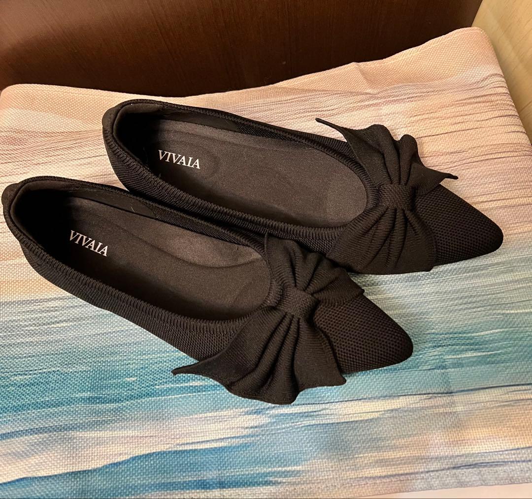 【美品】VIVAIA ブラック フラットシューズ 撥水 リボン 37.5