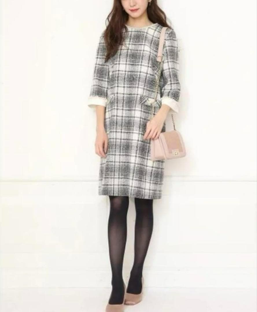 【タグ付】 アプワイザーリッシェ ツイードパールワンピース 7分袖 S チェック