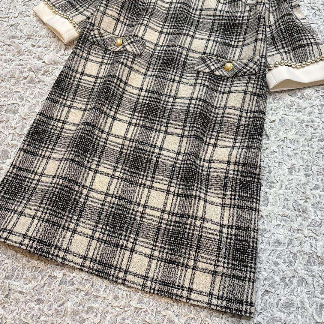 【タグ付】 アプワイザーリッシェ ツイードパールワンピース 7分袖 S チェック