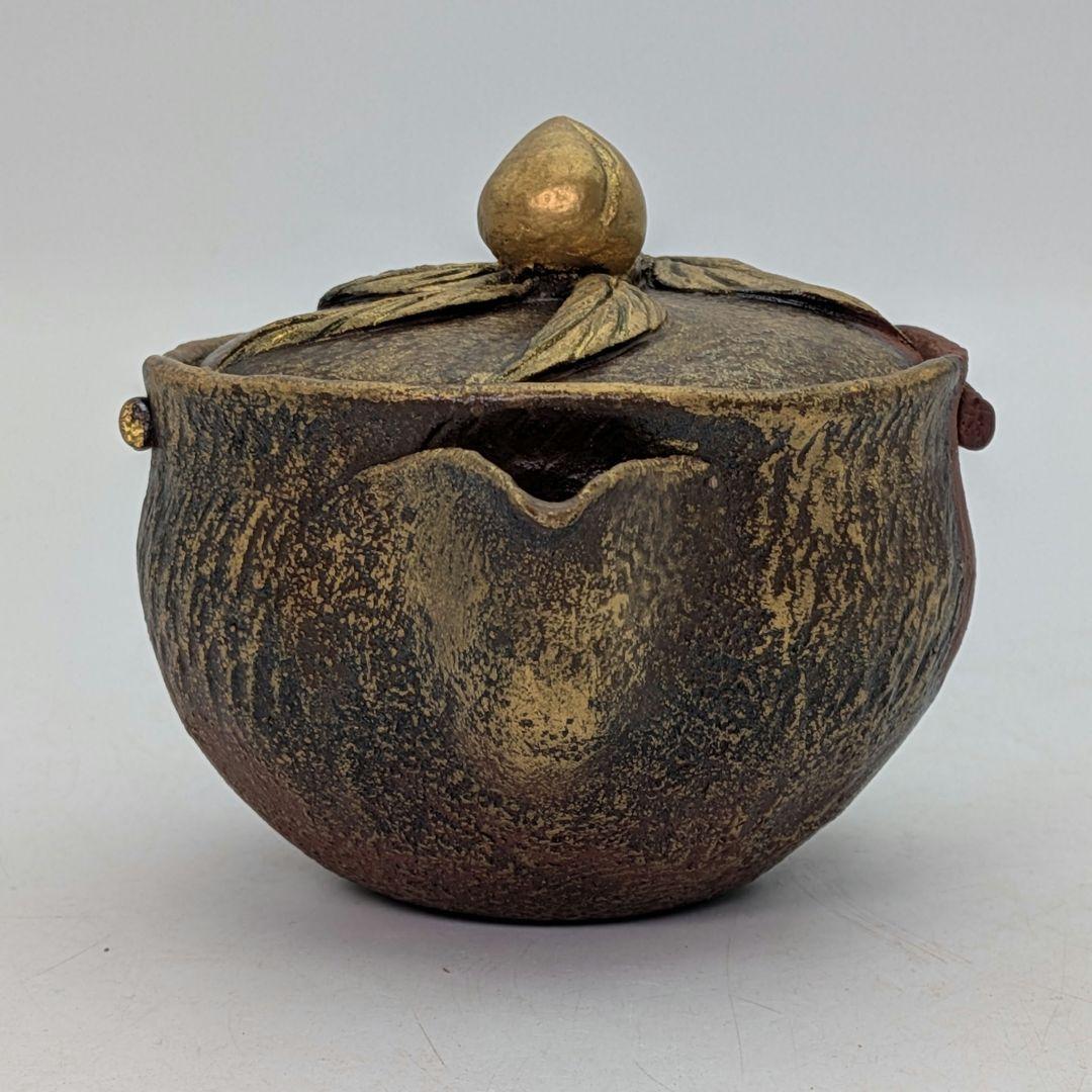 鈴木篤夫 備前焼 金彩備前桃摘宝瓶 四方桟共箱共布栞 手造り宝瓶 煎茶道具 モモ