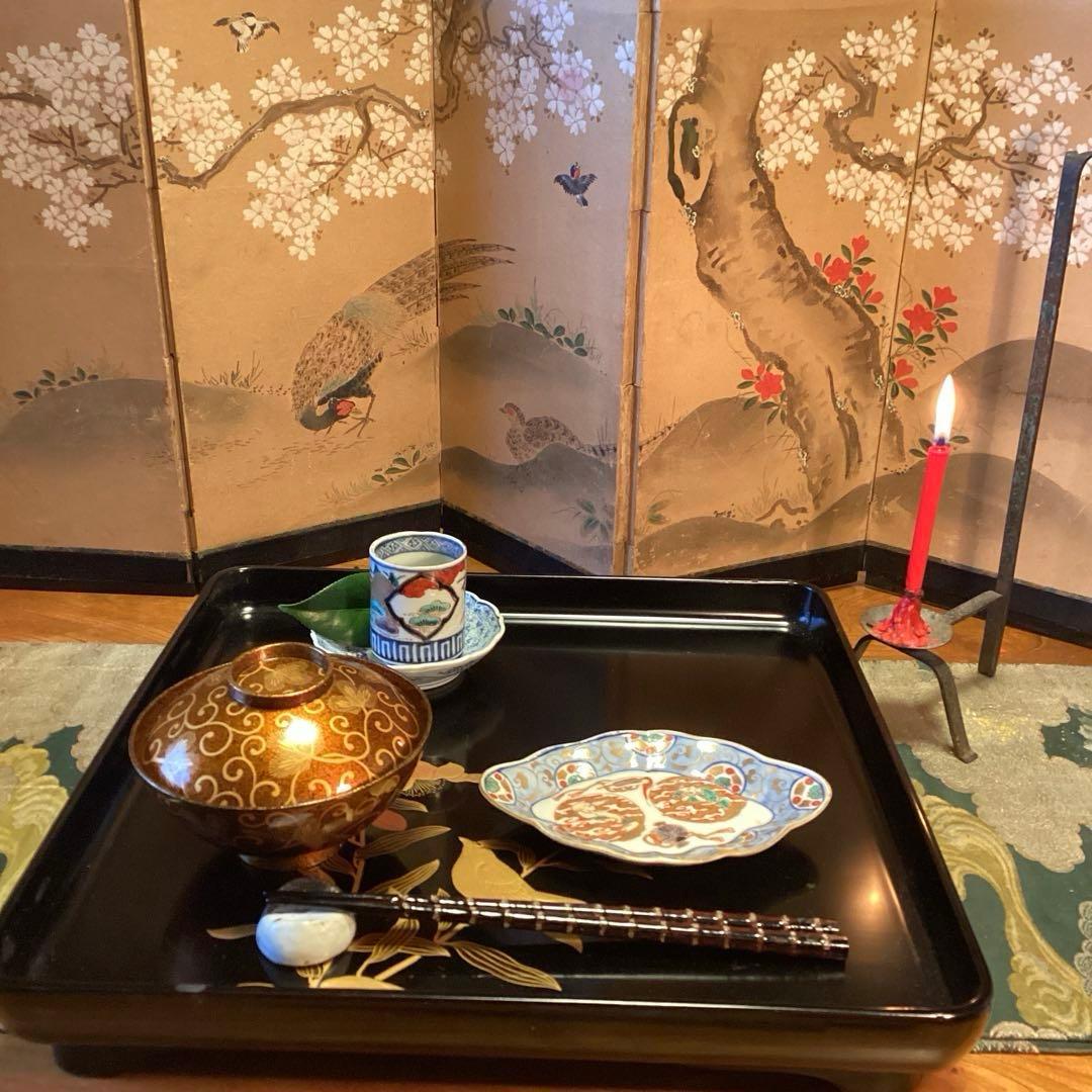 A1033 木製輪島塗　懐石道具　総梨地　松葉唐草　蒔絵　吸物椀　　5客