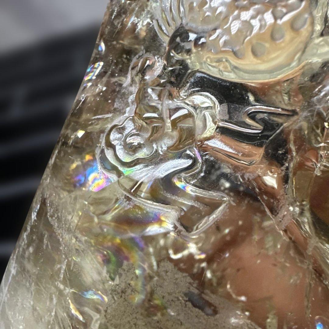 【コレクション】龍彫刻 シトリン原石 747g 高透明 虹入り 台座付