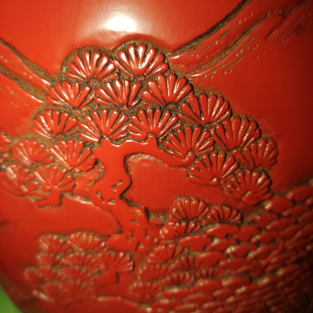 越後村上堆朱　山水図大花瓶　共箱付き