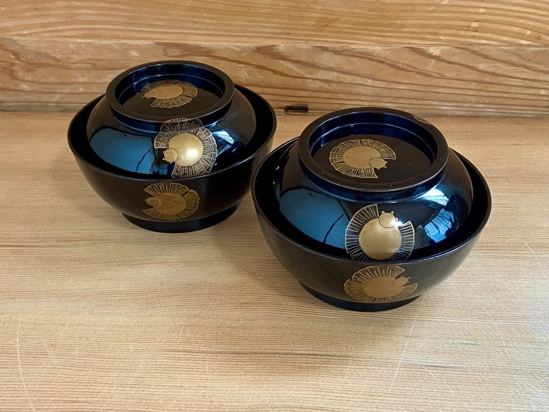 能登に伝わる古民芸 黒漆 福良雀蒔絵 お椀 2客 / 黒塗 漆器椀 蒔絵椀