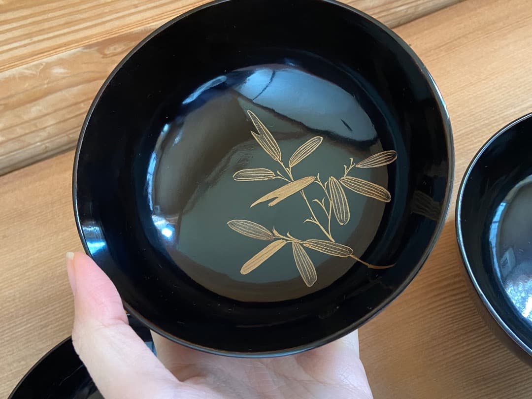 能登に伝わる古民芸 黒漆 福良雀蒔絵 お椀 2客 / 黒塗 漆器椀 蒔絵椀