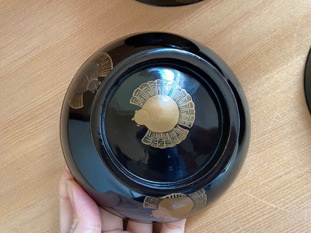 能登に伝わる古民芸 黒漆 福良雀蒔絵 お椀 2客 / 黒塗 漆器椀 蒔絵椀