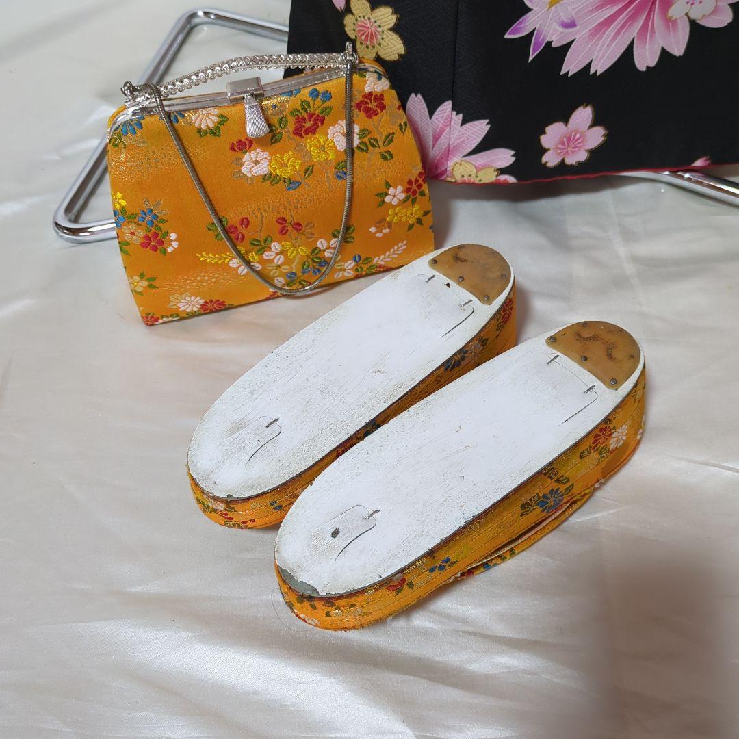 七五三　７歳 黒とピンクの花柄着物セット　簪セット付き