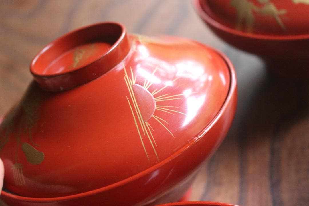 絵柄選択可！時代朱漆に優美な絵替風物蒔絵の映えるお椀7点（検輪島塗蒔絵椀