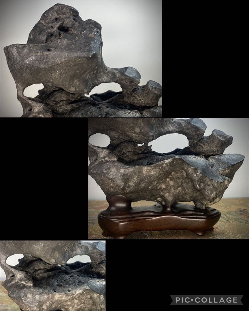 6584 老太湖石 銘 紫栞城 ウブ 刻印あり 台座2個あり 桐箱あり