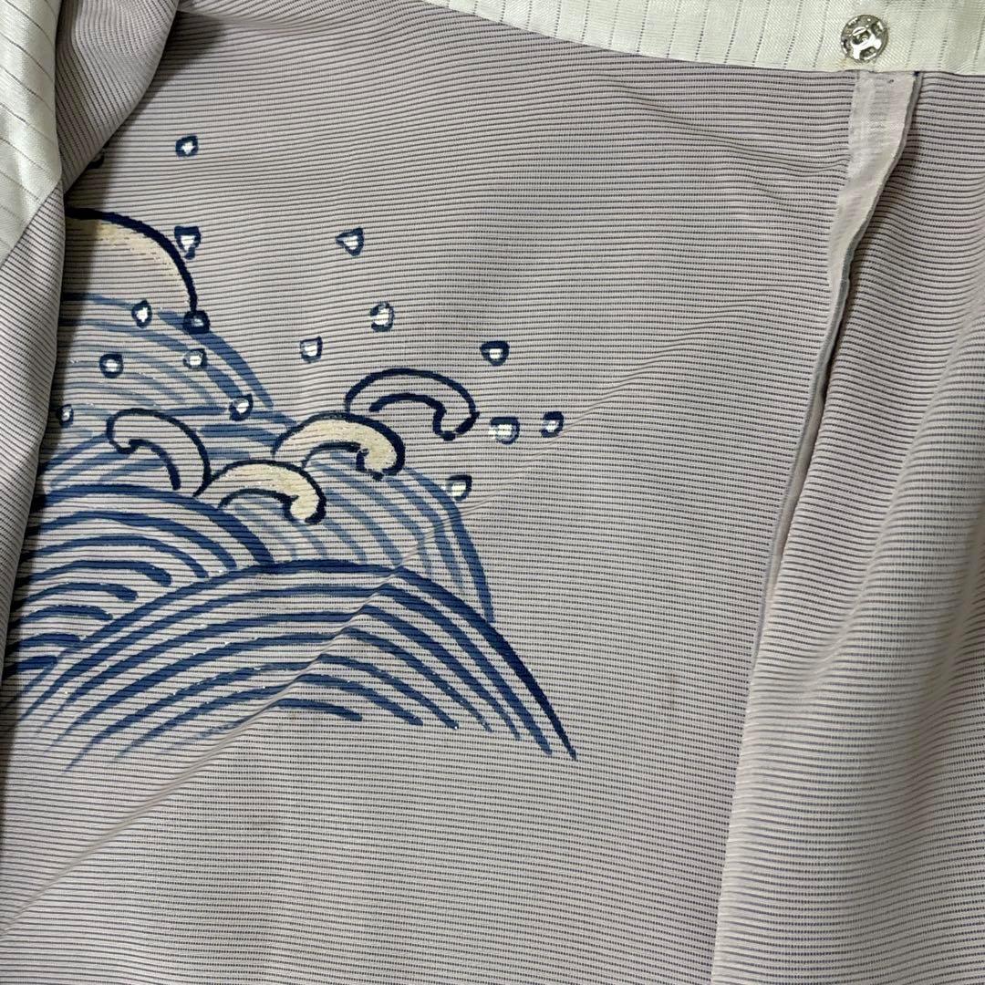 A69愛華 夏着物 二重紗　紺　波模様　刺繍　美品