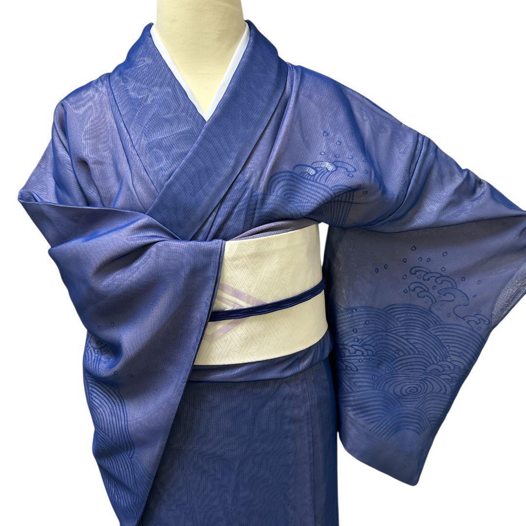 A69愛華 夏着物 二重紗　紺　波模様　刺繍　美品