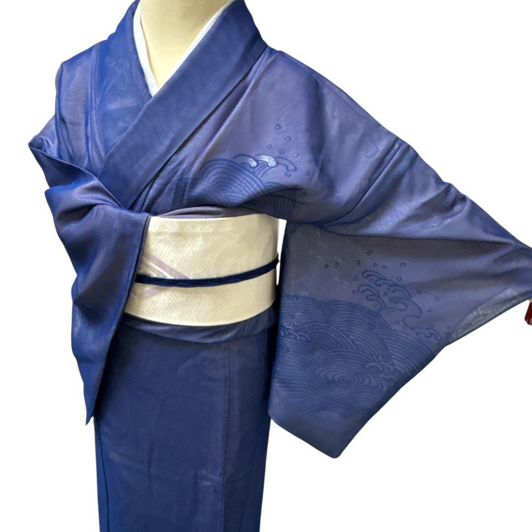 A69愛華 夏着物 二重紗　紺　波模様　刺繍　美品