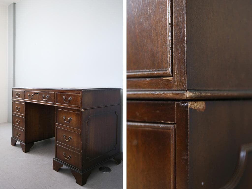 英国アンティーク木製両袖デスク/勉強机テーブル/飾り棚/オフィス事務89-135