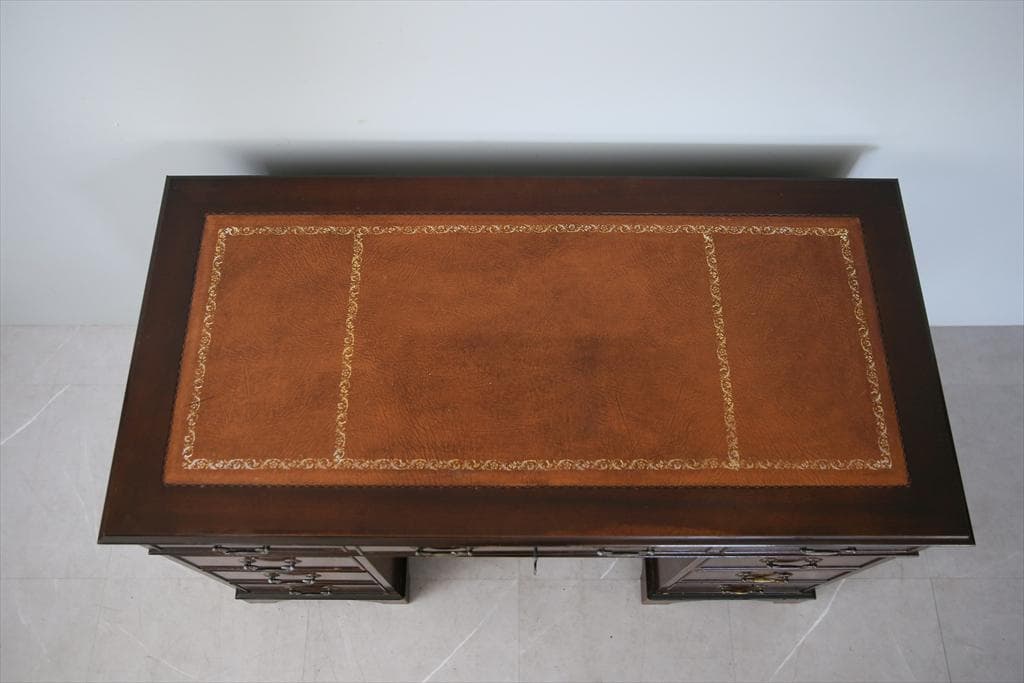 英国アンティーク木製両袖デスク/勉強机テーブル/飾り棚/オフィス事務89-135