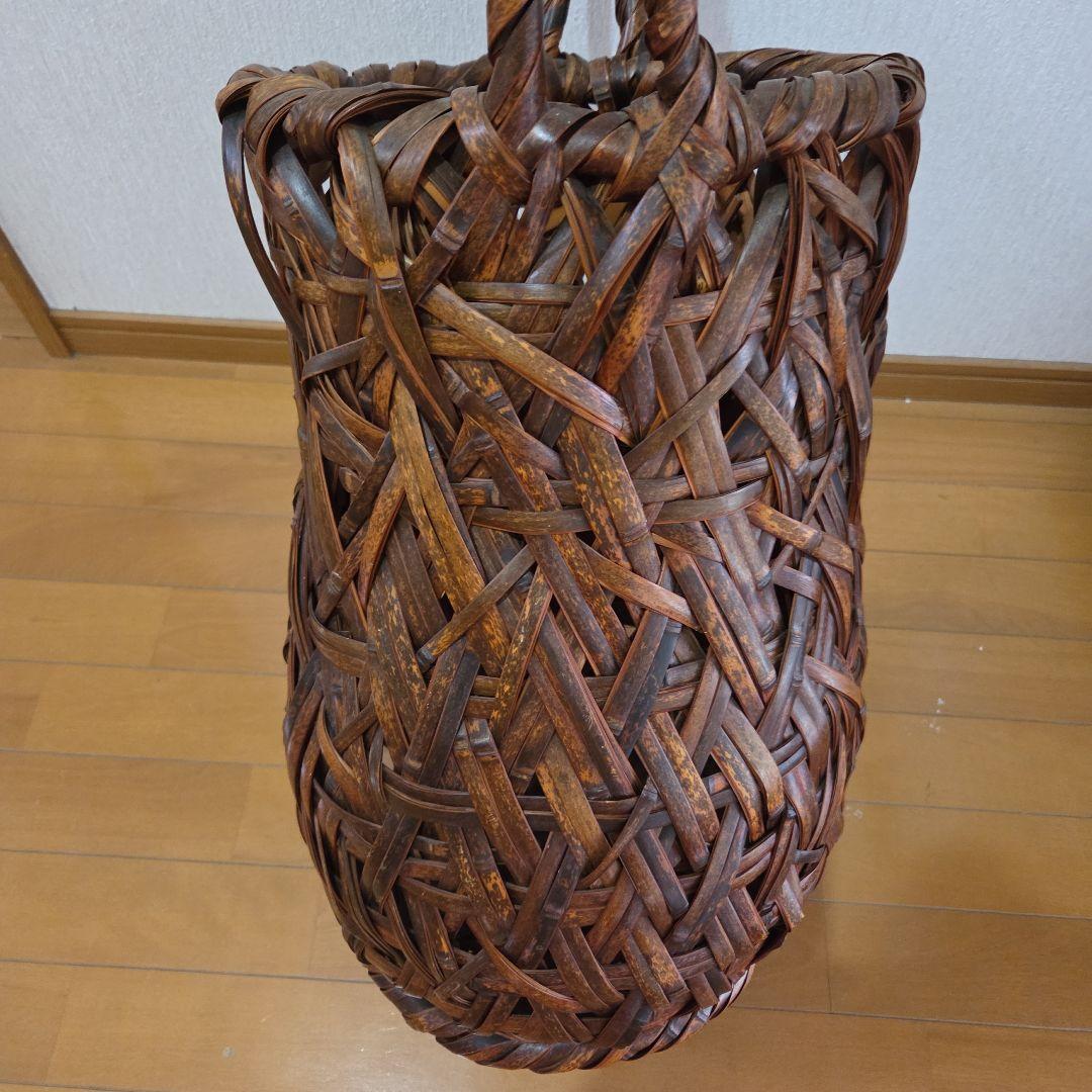 ■ 高さ80cm 大 竹製かご 花器 竹筒付き 民芸 竹花籠 竹手付花籠